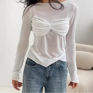 Casual Temperament Slightly Transparent Sexy Slim Fit Long Sleeved T-shirt for Women Spring 2025 New Item