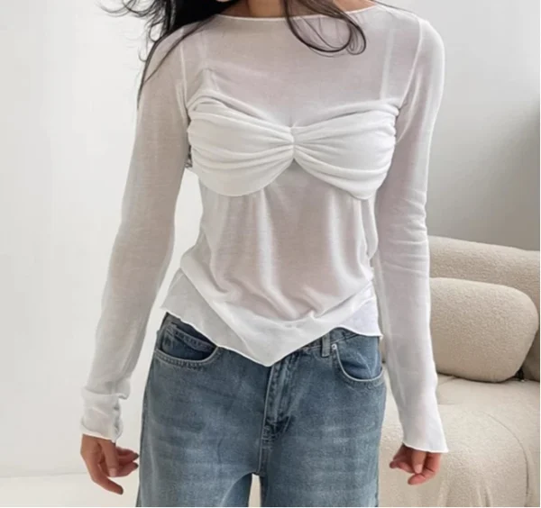 Casual Temperament Slightly Transparent Sexy Slim Fit Long Sleeved T-shirt for Women Spring 2025 New Item