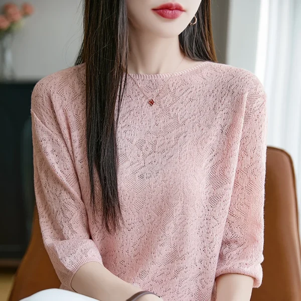 Women's Five Points Short Sleeve Round Neck Tees Luxury Cashmere Pullover Summer Fashion Knitwear Elegant T-Shirt Clothing Tops - Image 2