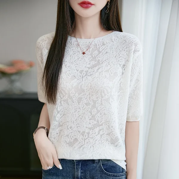 Women's Five Points Short Sleeve Round Neck Tees Luxury Cashmere Pullover Summer Fashion Knitwear Elegant T-Shirt Clothing Tops - Image 4
