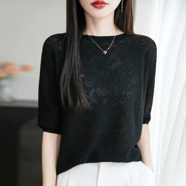 Women's Five Points Short Sleeve Round Neck Tees Luxury Cashmere Pullover Summer Fashion Knitwear Elegant T-Shirt Clothing Tops - Image 3