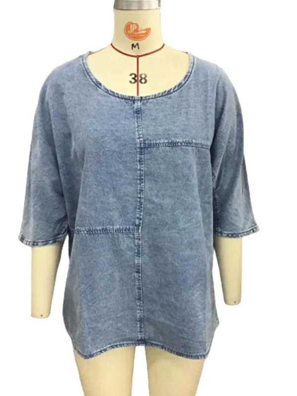 Women's Short Sleeve Denim T shirt Loose Soft Casual Vintage Harajuku Tee Top High Street Summer Round Neck Y2K Basic T shirt - Image 4