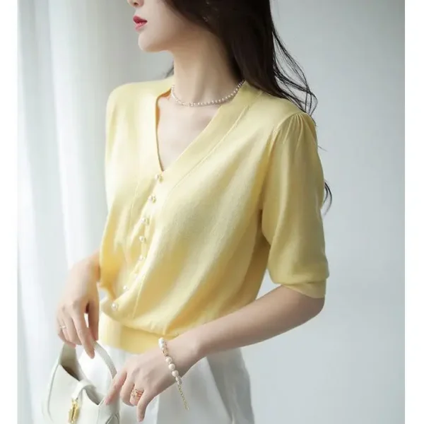 Women 2025 Summer New V-neck Knitted T Shirts Female Thin Short Sleeve Tops Tees Ladies Solid Color Pullover T-shirt N263 - Image 6