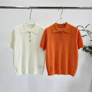 25 New POLO Lapel Skeleton Short Sleeve Knit Sweater Women's Spring and Summer t-shirt Tops