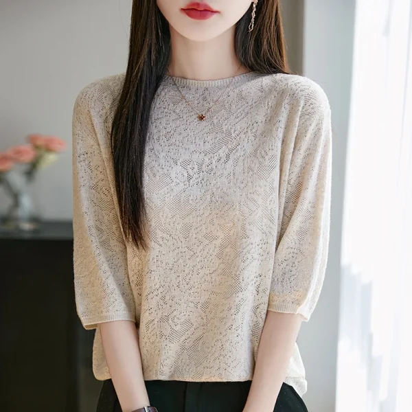 Women's Five Points Short Sleeve Round Neck Tees Luxury Cashmere Pullover Summer Fashion Knitwear Elegant T-Shirt Clothing Tops - Image 5