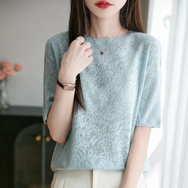 Women's Five Points Short Sleeve Round Neck Tees Luxury Cashmere Pullover Summer Fashion Knitwear Elegant T-Shirt Clothing Tops - Image 6
