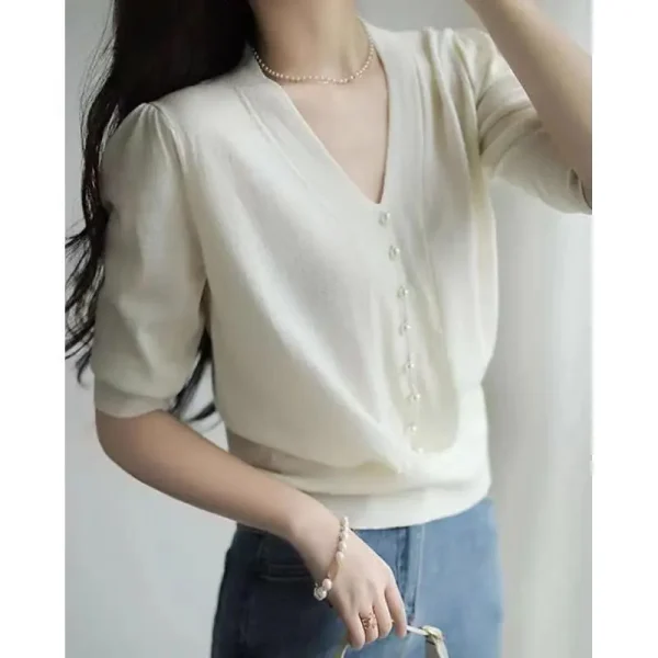 Women 2025 Summer New V-neck Knitted T Shirts Female Thin Short Sleeve Tops Tees Ladies Solid Color Pullover T-shirt N263 - Image 2