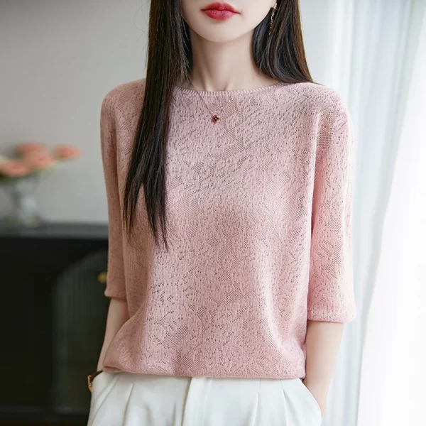 Women's Five Points Short Sleeve Round Neck Tees Luxury Cashmere Pullover Summer Fashion Knitwear Elegant T-Shirt Clothing Tops