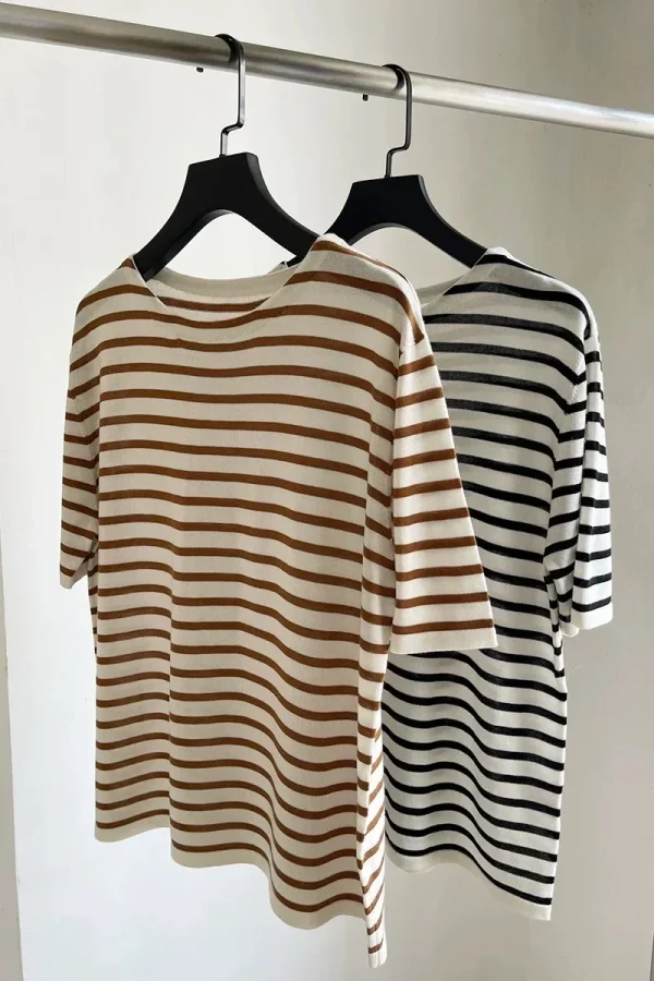 LUXURY Silk Striped T-shirt Women's Round Neck Loose Casual Niche Design Knitted Short Sleeved Top for Summer 2025 - Image 4
