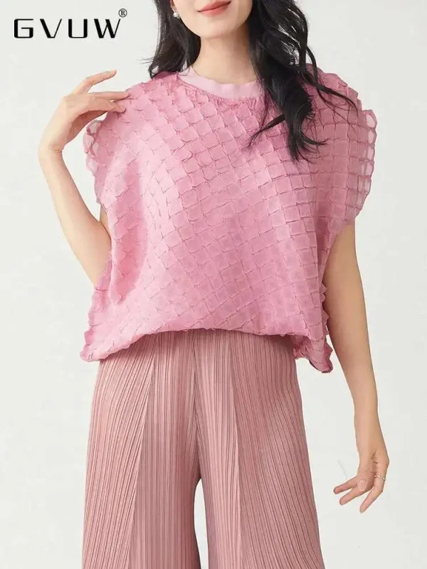 Pleated Loose T Shirt Women Round Collar Short Sleeve Pullover New 2025 Solid Color Summer Casual Female Tops 17G9857