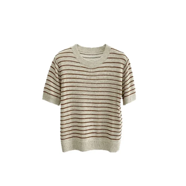 Striped Linen Cotton Blend Knit Breathable Comfortable Knit T-Shirt Top Women - Image 2