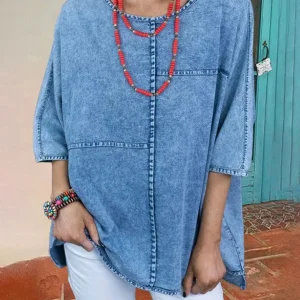 Women's Short Sleeve Denim T shirt Loose Soft Casual Vintage Harajuku Tee Top High Street Summer Round Neck Y2K Basic T shirt