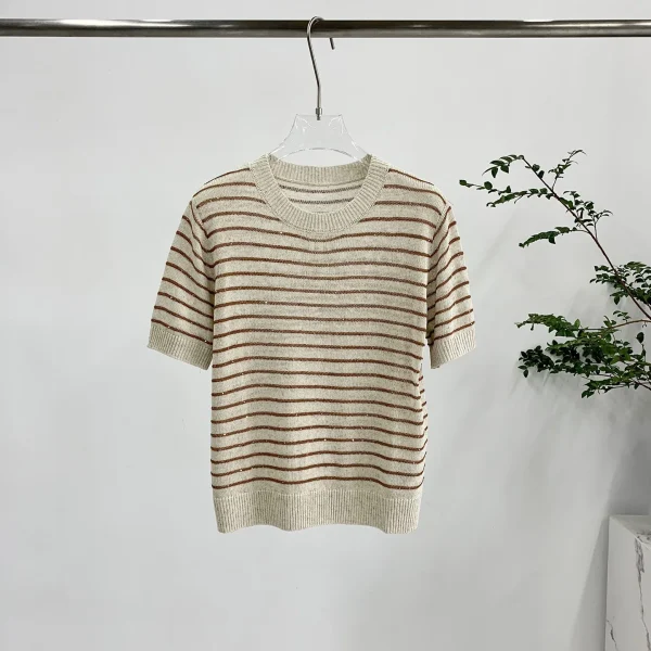 Striped Linen Cotton Blend Knit Breathable Comfortable Knit T-Shirt Top Women - Image 3