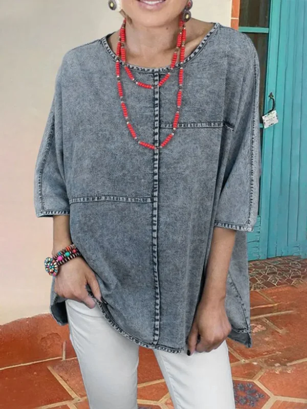 Women's Short Sleeve Denim T shirt Loose Soft Casual Vintage Harajuku Tee Top High Street Summer Round Neck Y2K Basic T shirt - Image 2