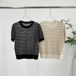 Striped Linen Cotton Blend Knit Breathable Comfortable Knit T-Shirt Top Women